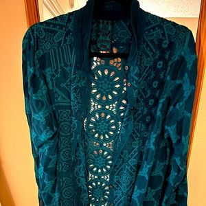 Beautiful turquoise open embroidered back blouse by Johnny Was. Luxurious silk